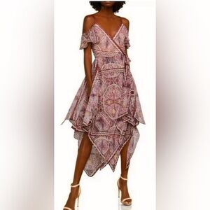 NWT BCBGMaxAzria Cold-Shoulder Festival Paisley Wrap Dress in Tibetan Red Multi